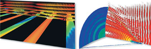 Surface current and electric field vector plots are shown for a Stripline Meander (on left), and for a 9&lambda; radius parabolic dish with horn feed (on right)